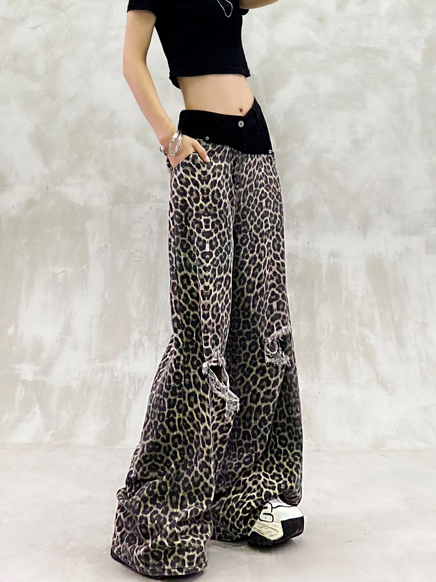 Elegant Leopard Print Splicing Sexy Personality Ripped Jeans Girl Summer New High Waist Loose Versatile Straight Wide-leg Pants