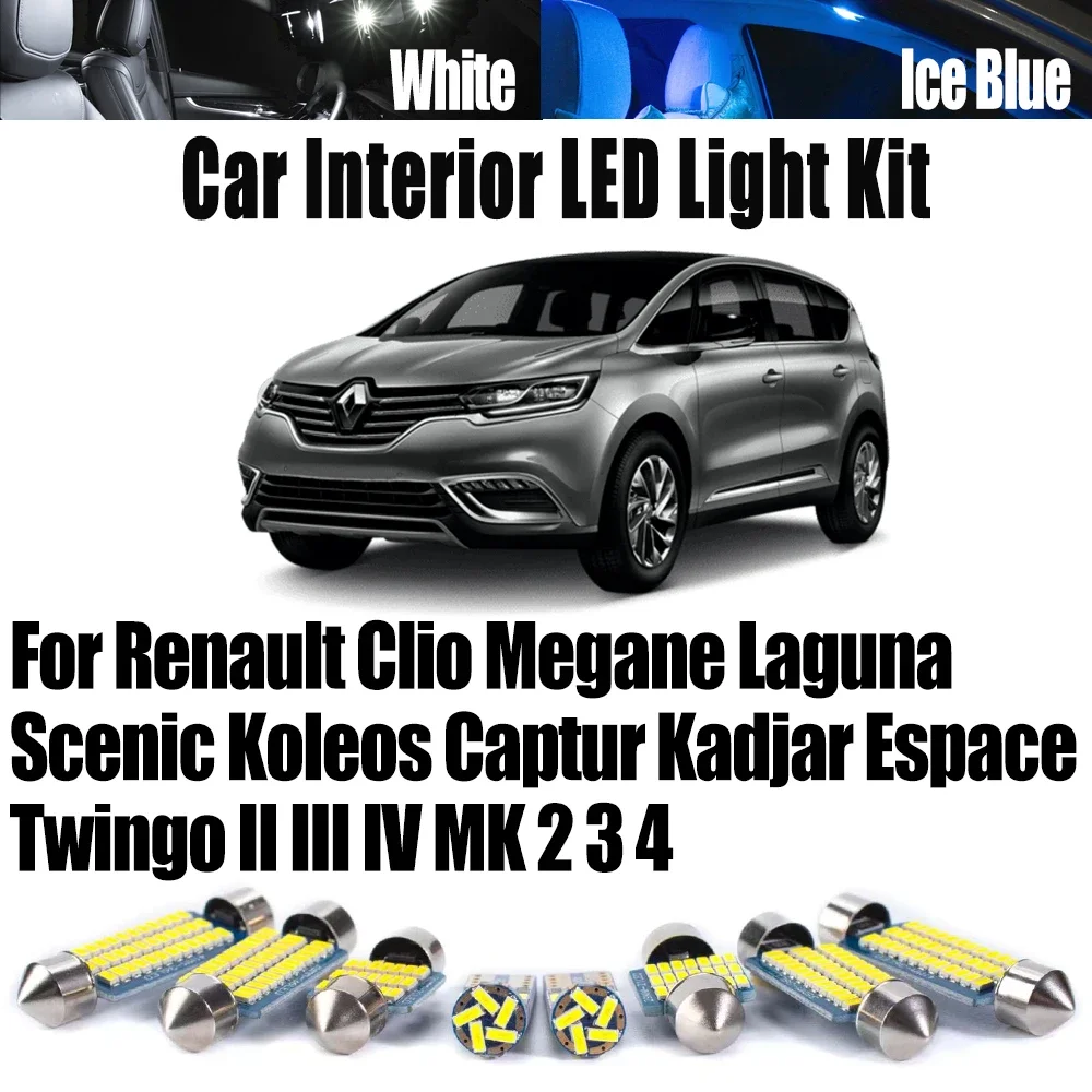 

Для Renault Clio Megane Laguna Scenic Koleos Captur Kadjar Espace Twingo II III IV MK 2 3 4, комплект светодиодных внутренних автомобильных ламп для чтения