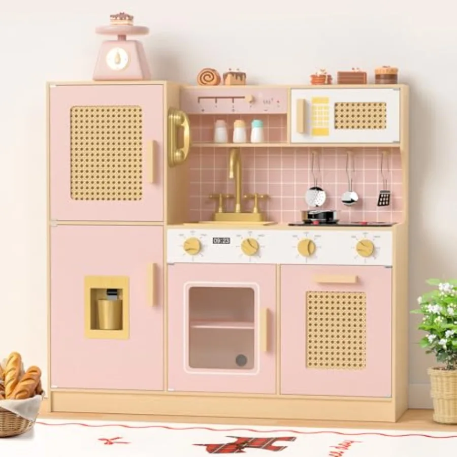 

Wooden Kitchen Playset for - Pink Pretend Play Kitchen with Lights Sounds, Retro Style Toy Kitchen for Toddlers Ages 3+, Wooden
