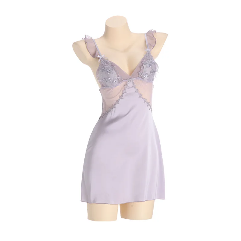 

Sexy Mesh With Chest Pads Satin Backless Strap Nightdress And Robe Women's Home Wear Dress Pure Desire Casual For Woman WJI6