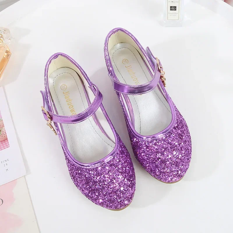Girls Purple High Heels For Kids Princess RED Leather Shoe Footwear Children\'s Party Wedding Shoes Round Toe 1-3CM