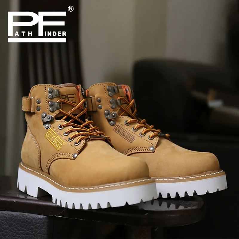 

Retro Men's Genuine Leather Engineer Boots Outdoor Goodyear Thick Heel Work Boots Winter Mid-calf Western Boots Non-slip Yellow