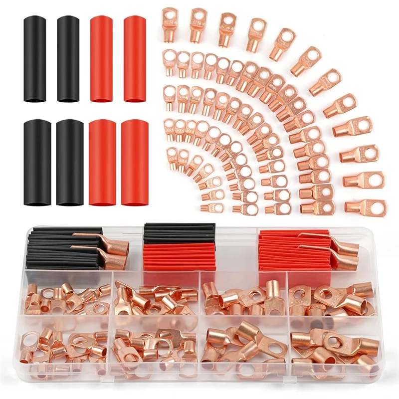 ABFI Terminales de alambre de cobre 130 piezas, AWG 2 4 6 8 10 12 Kit surtido de conectores de extremos de cable de batería de calibre automotriz para marina
