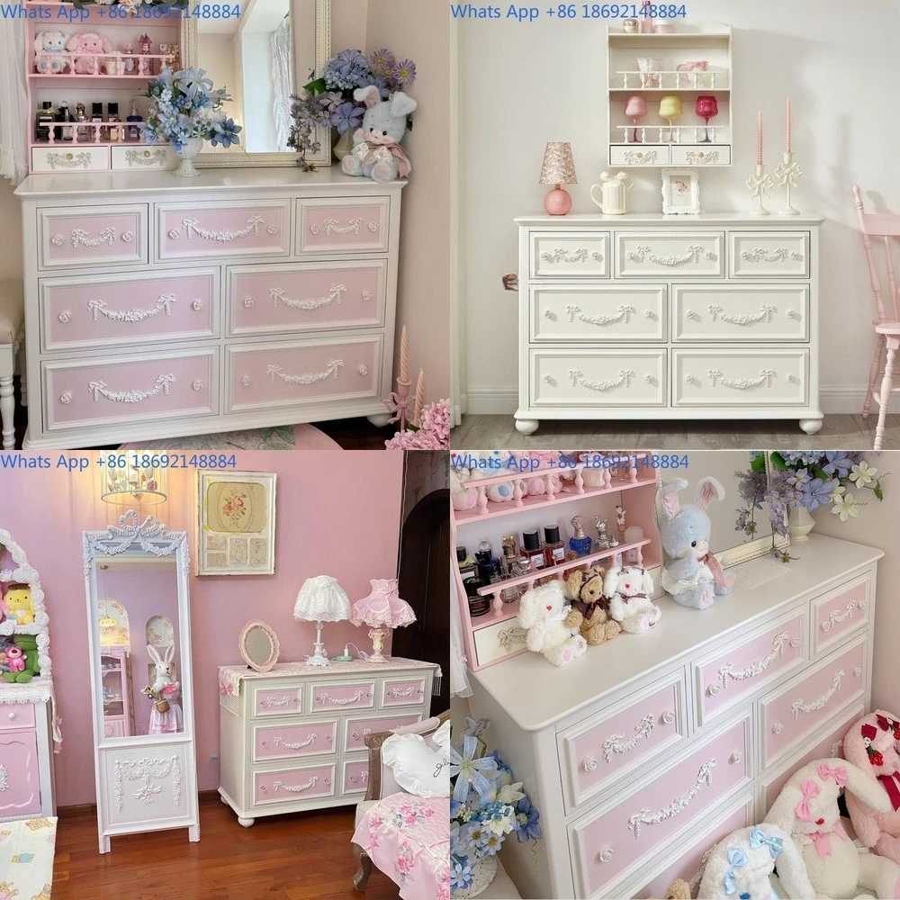 

French Vintage Carved Solid Wood Chest Hallway Cabinet Dining Side Storage Unit Dopamine Style TV Console