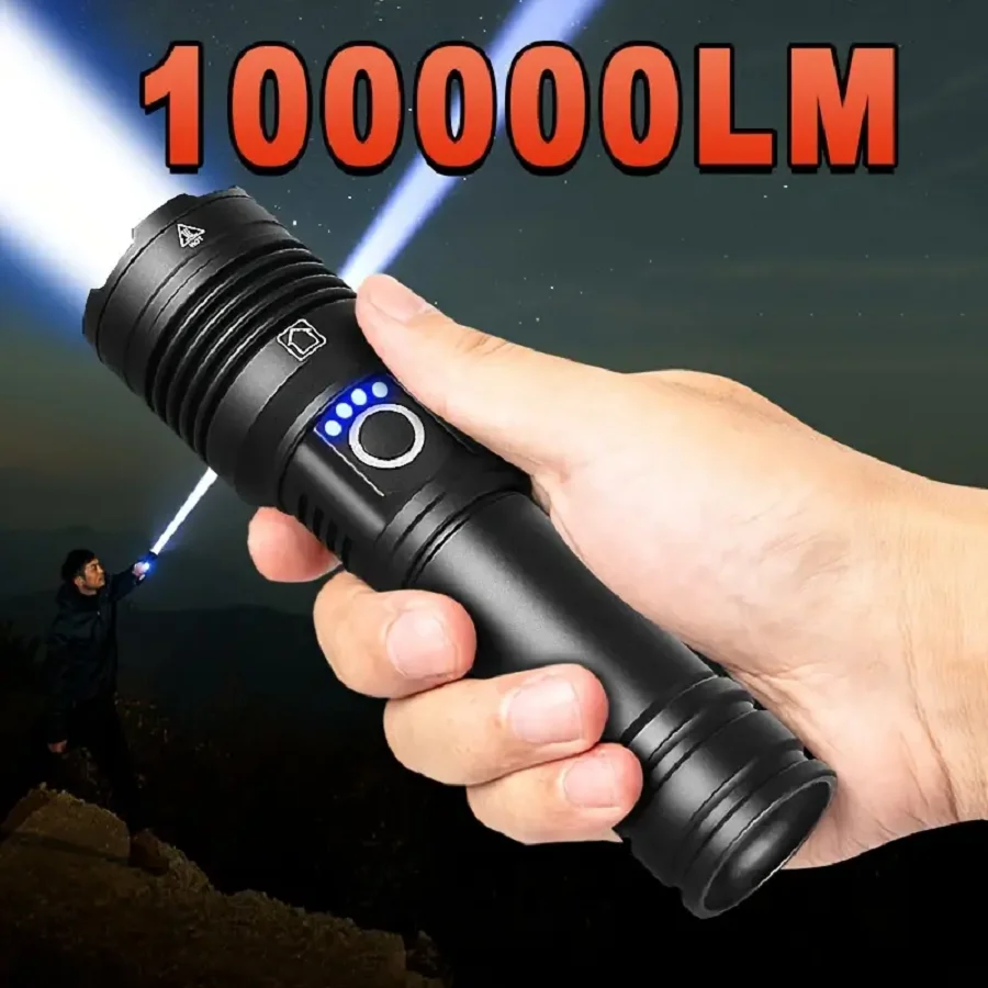 Ultra- Bright 100000 Lumens LED Flashlight Rechargeable Handheld Torch High Power Tactical Flash Light Portable Camping Lantern