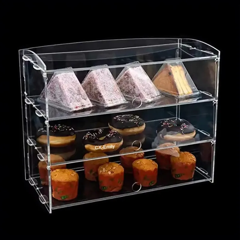High quality transparent three-layer acrylic cake box bread display cabinet recyclable crystal door function