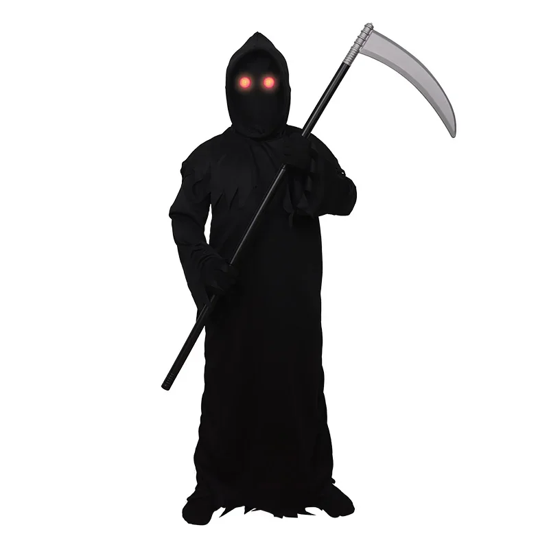 Halloween Cosplay Costume Grim Reaper Scary Skeleton Costume Children Glowing Red Eyes Grim Reaper Ghost Robe Send Scythe Props