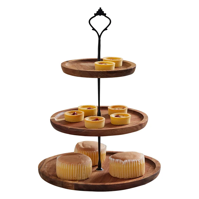 

yjq simple double-layer dried fruit tray setting table, living room fruit storage three-layer candy snack wooden tray