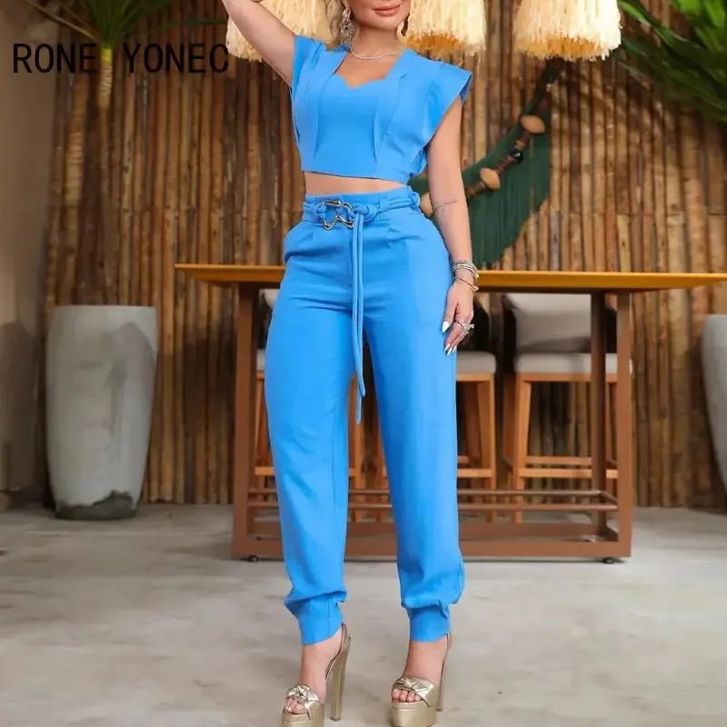 2023 Women Solid Chic Sleeveless Crop Top & Pencil Pants with Belts Fashion Women Sets