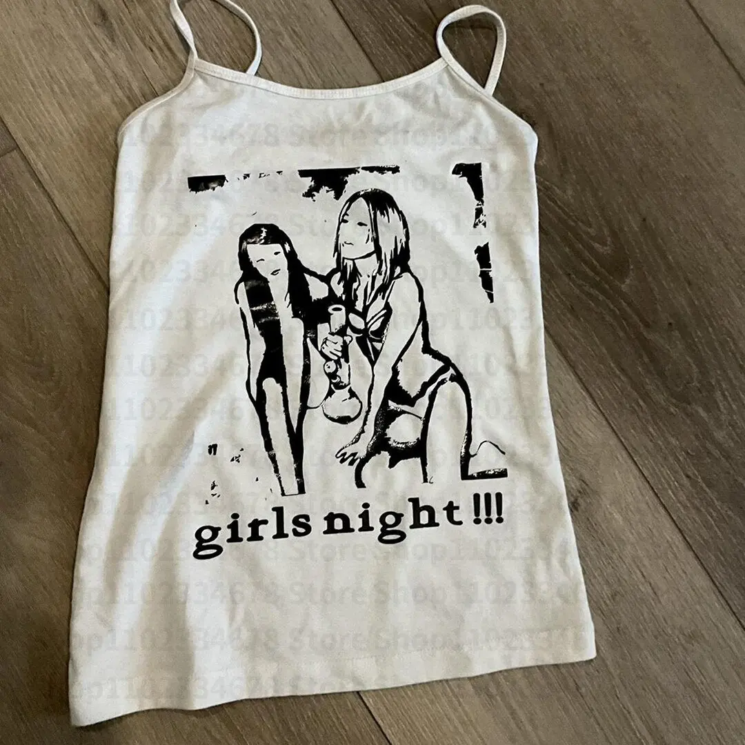 Women Gothic Girls Night Print Cami Tank Top, Y2K Alt Sleeveless Spaghetti Strap Top Sexy Slim Fit Camisole Outerwear Layering