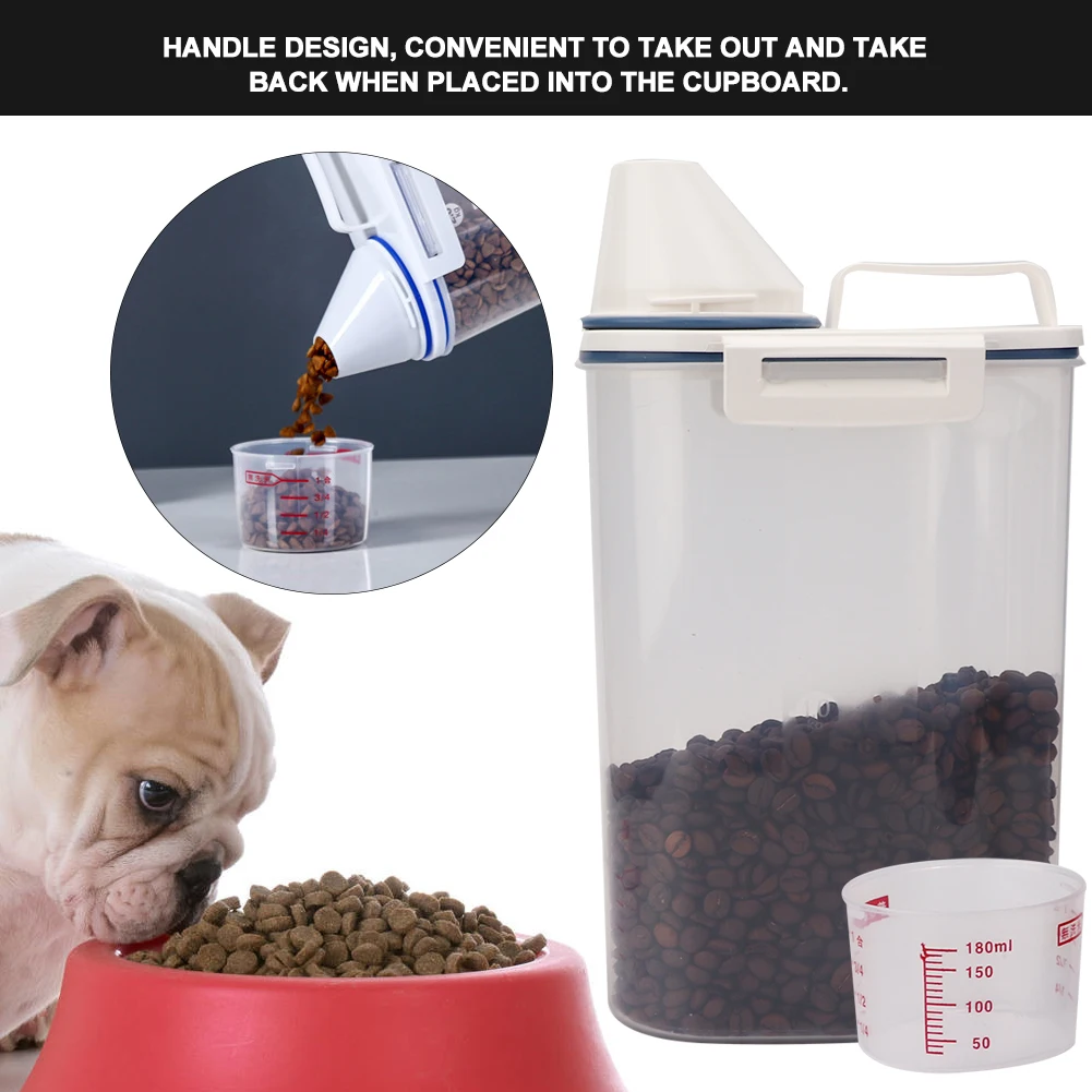 

Dog Cat Food Pail Plastic Storage Tank with Measuring Cup Container Moisture-proof Sealed Jar Pet Food Storage Tank