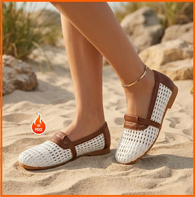 

Women Woven Flats Mary Jane Shoes Handmade Weave Summer Breathable Hollow Out Ladies Walking Shoes Comfortable Soft Casual Flats