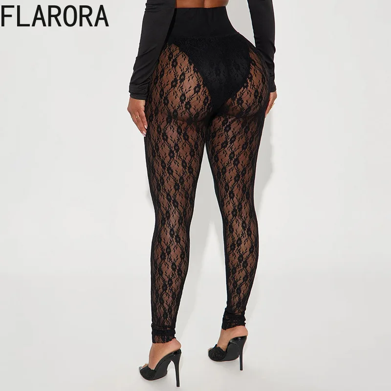 FLARORA Sexy Lace Patchwork Legging Pants Woman Solid Color See Through High Waist Skinny Pant Hottie Wild Street Spring Bottoms