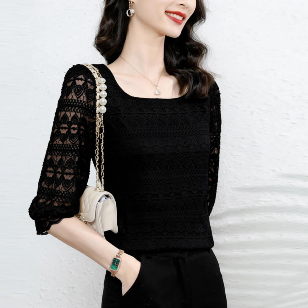 

Transparent Flower Lace Elastic T Shirt Blouse Women Y2k Cute Sweet Tee Women S-3XL Retro Short Sleeve Lace T-shirt Top Clothes