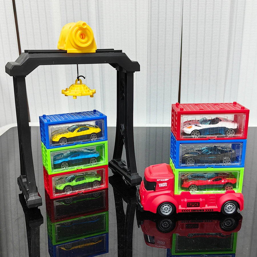 Transportvoertuig voor jongenscontainers, gecombineerd met portaalkraan+container+auto, ideaal verjaardagscadeau voor kinderen