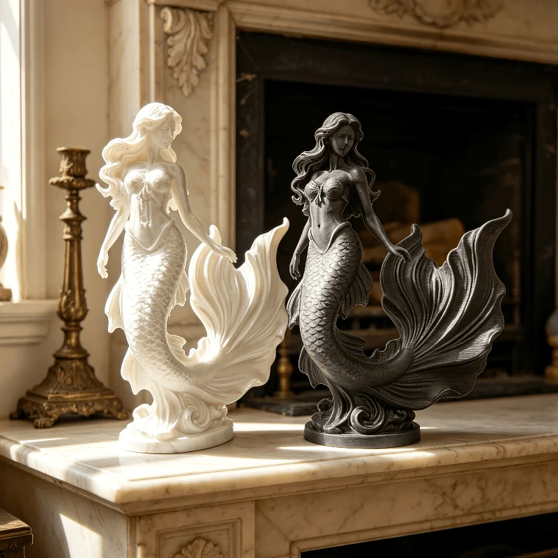 Vintage Mermaid Resin Statue Ocean Siren Sculpture Mediterranean Style Figurine Desktop Ornament Retro Mermaid Figure Home