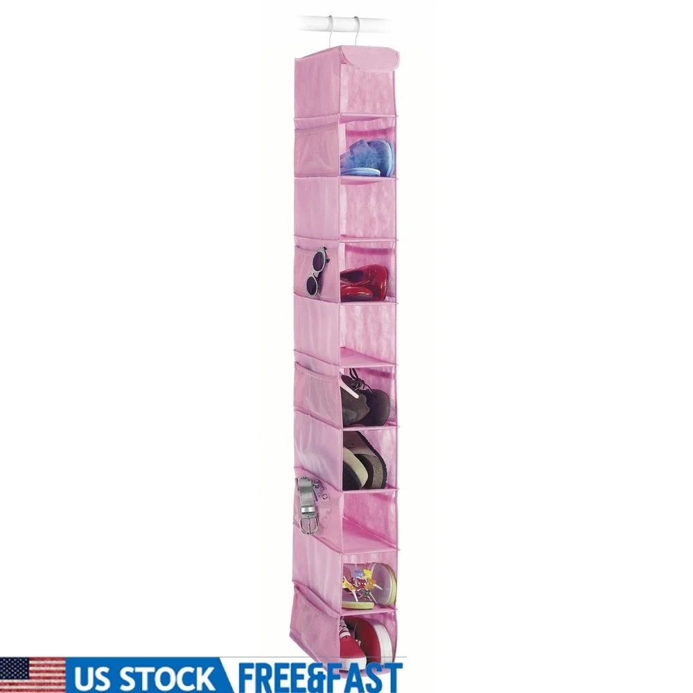 

10-Shelf Hanging Shoe Organizer Heavy Duty Storage Rack Shoes Kids Toys Accessories Cloth with Metal Hooks Classroom Bedroom