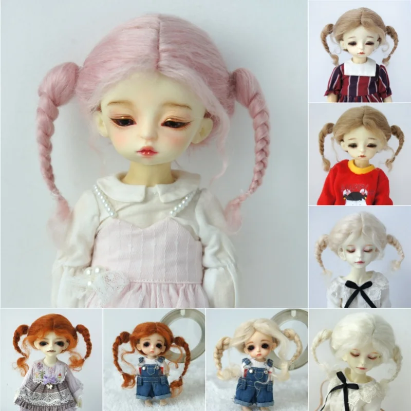 Full Sizes Mohair Doll Hair JD556  No bangs Double Braids pony with Curly Sideburns BJD Wigs 1/12 1/8 1/61/4 1/3 Toy Accessories