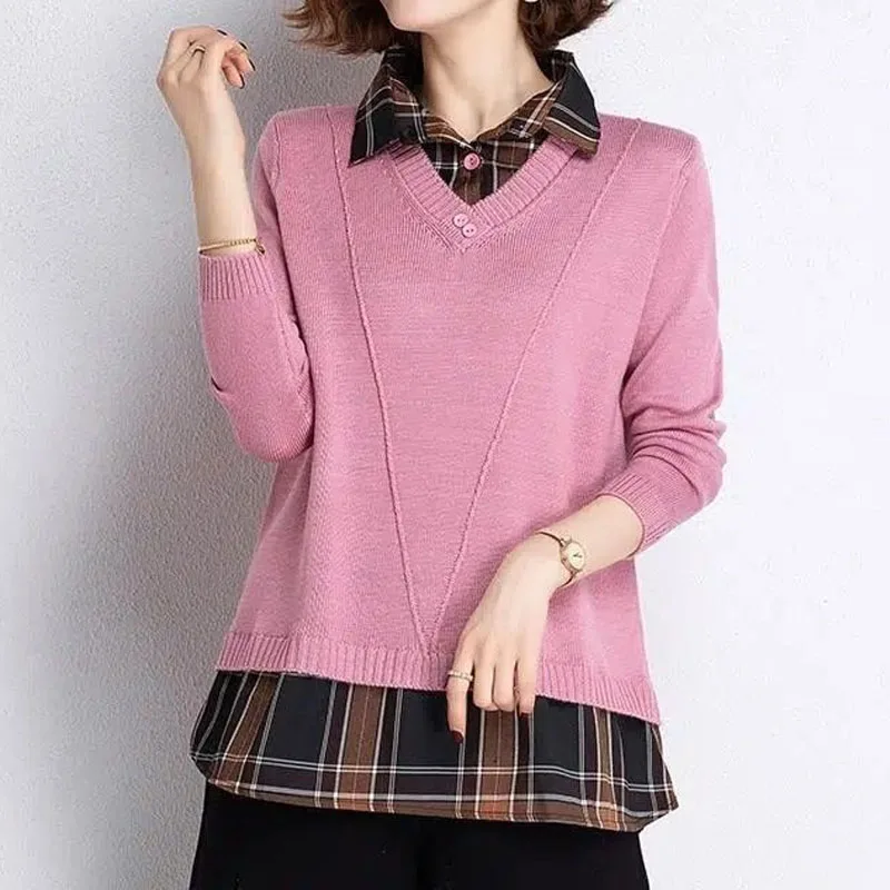 2023 All-match Female Plaid Spliced Fashion Sweaters Elegant Casual Fake Two Pieces Knitted Tops Spring Autumn Women\'s Clothing