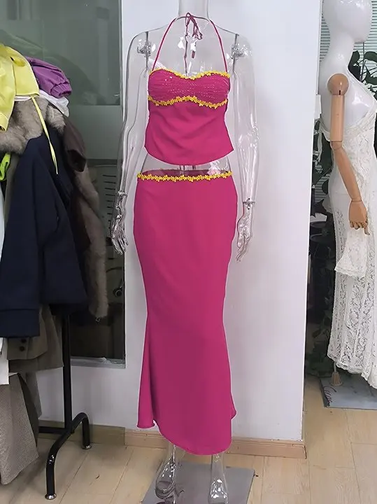 2026 Spicy Girl Neckholder-Clubtop und Meerjungfrauenrock-Set für Damen – Elegantes, schmal geschnittenes 2-teiliges Outfit mit Goldbesatz für Urlaub, Strand und Party – Detail 25