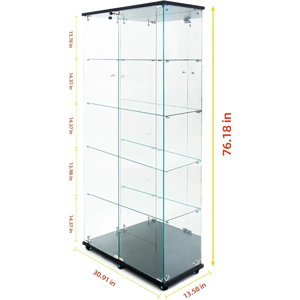 Bluetooth LED Lighted 5-Tier Glass Display Cabinet, 2-Door Floor Standing Curio with Universal Wheels
