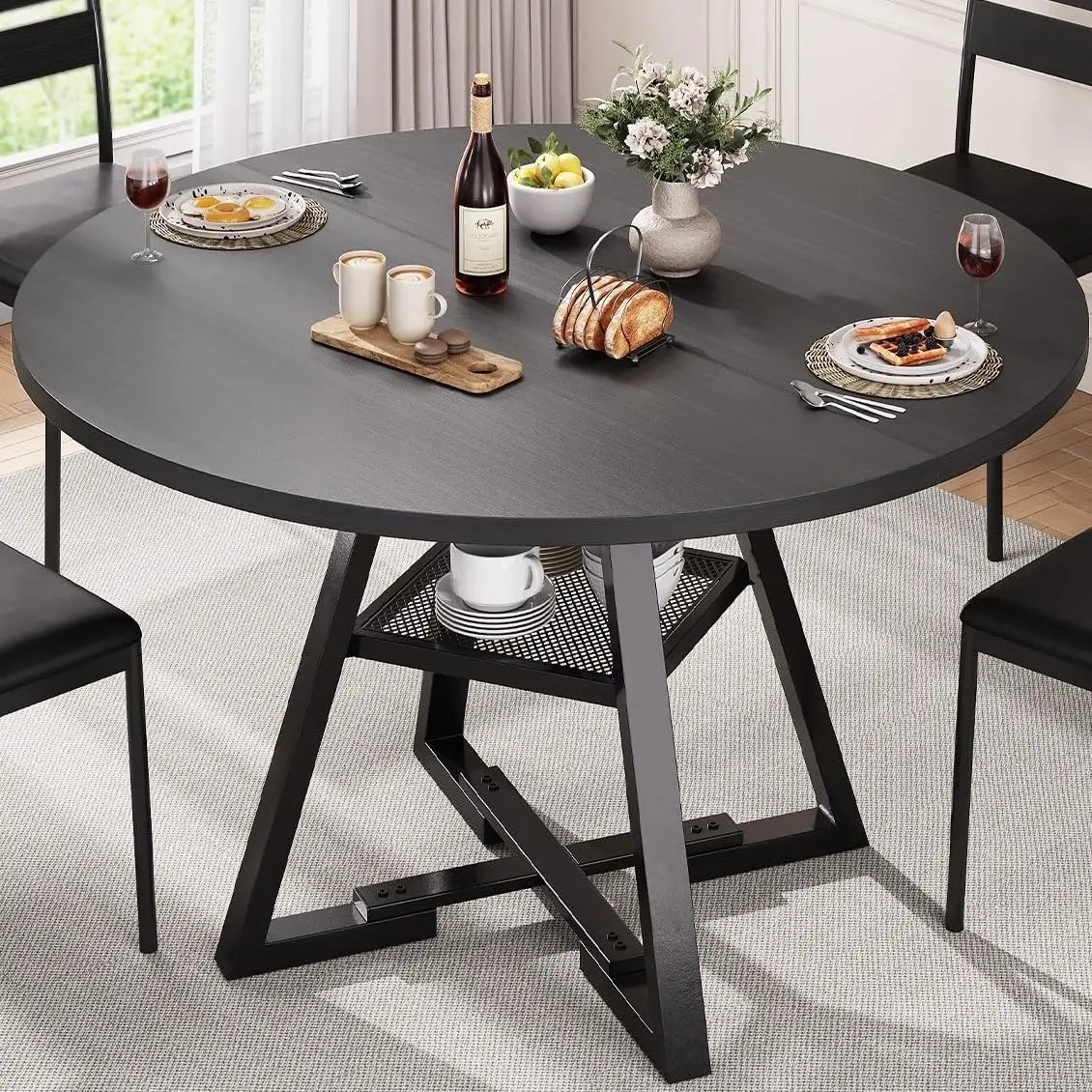 Mesa de comedor redonda de 42 pulgadas para 4-6, muebles de madera que ahorran espacio con estante de almacenamiento, color negro