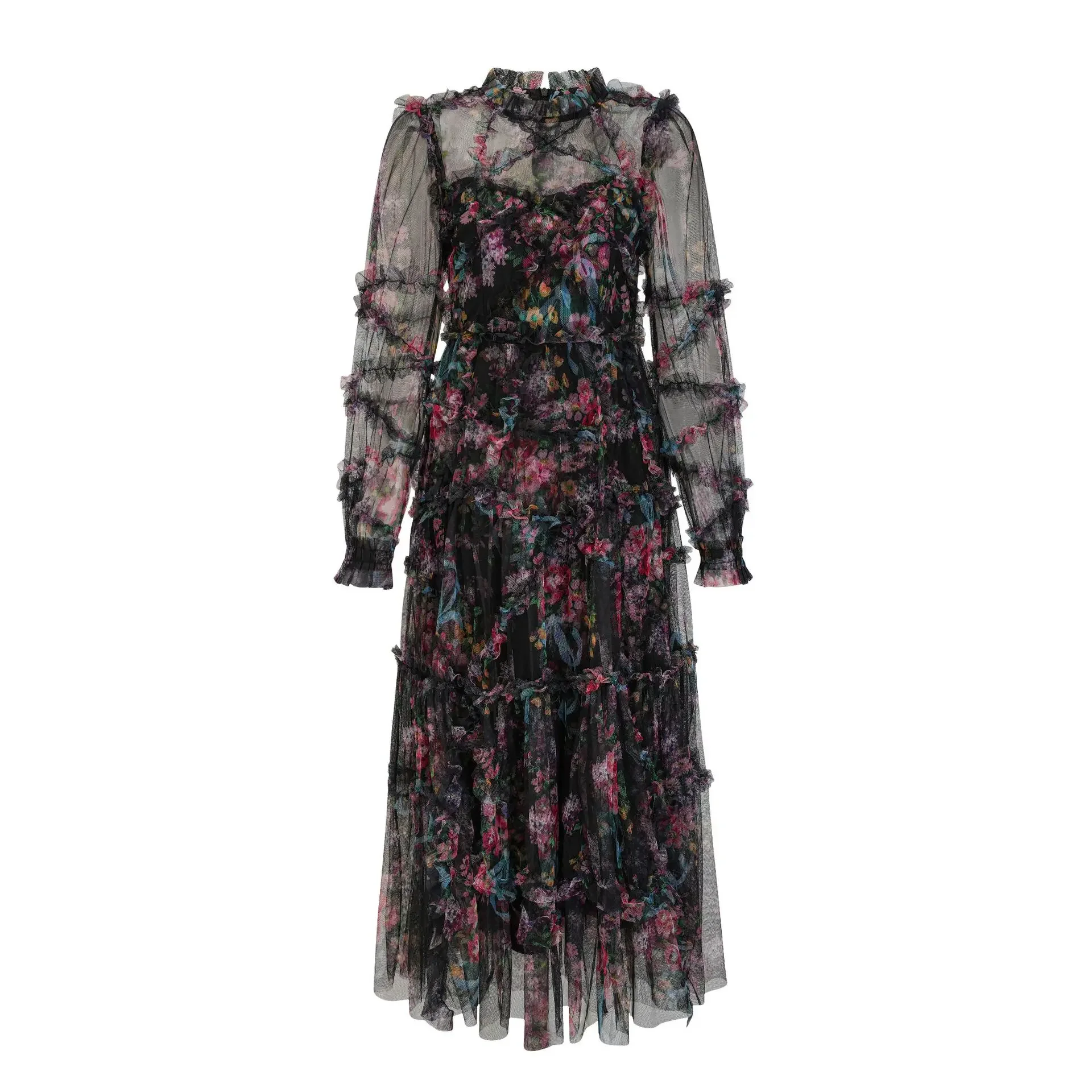 Luxury Long Sleeve Women Wedding Dresses Elegant Perspective Mesh Ruffles A-line Formal Dress Hollow Out Printing Floor-length