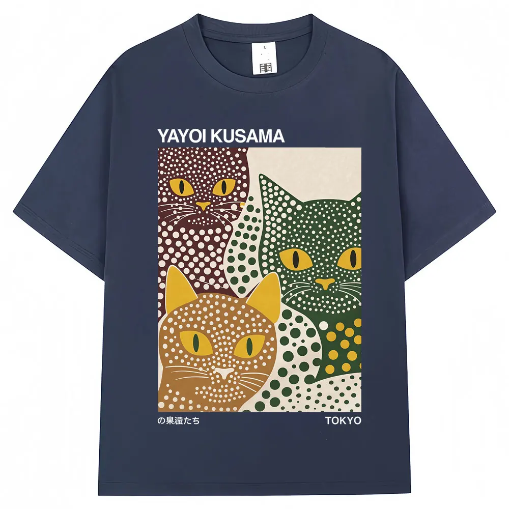Japanese Style Yayoi Kusama Artist Polka Dot Cat T Shirt Men Women Unique Art T-shirts Oversized Cotton T-shirt Y2k Streetwear
