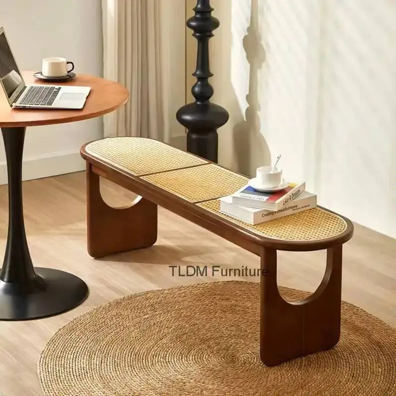 Hallway Nordic Solid Dining Wood Bench Table Japanese Style Rattan Stool Bench Home Shoe Changing Stool Living Room Sofa Ottoman