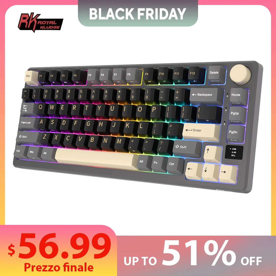 

RK ROYAL KLUDGE RK M75 Gasket Mechanical Keyboard 81 Keys RGB Backlit Hot-Swappable 2.4G Wireless/Bluetooth/USB-C Gamer Keyboard