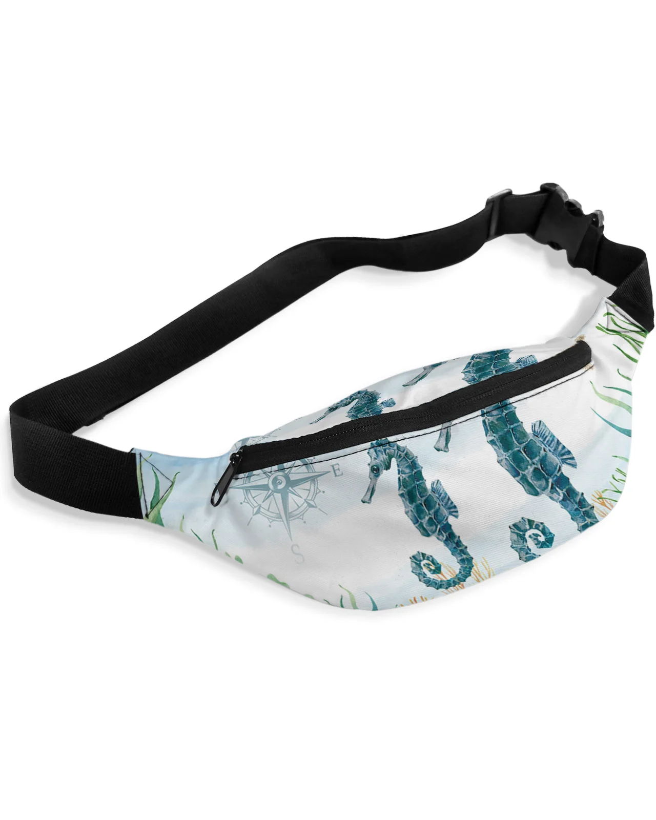 Marine Animal Hippocampus Seaweed Compass Men Women Waist Bag Fanny Pack Phone Belt Bag Wallet Pouch Waterproof Banana Hip Bags