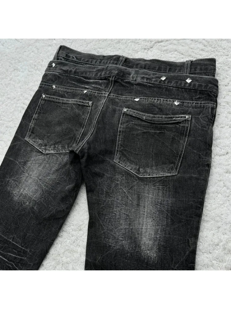 HOUZHOU Vintage Double Waisted Lace Up Micro Women Flared Jeans Y2K Washed Wide Leg American Style Denim Pants Baggy Streetwear