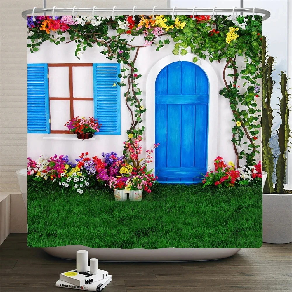 

Rustic Garden Flowers Shower Curtain Mediterranean Farmhouse Bath Curtain Natural European Scenery Bathroom Curtain with Hooks