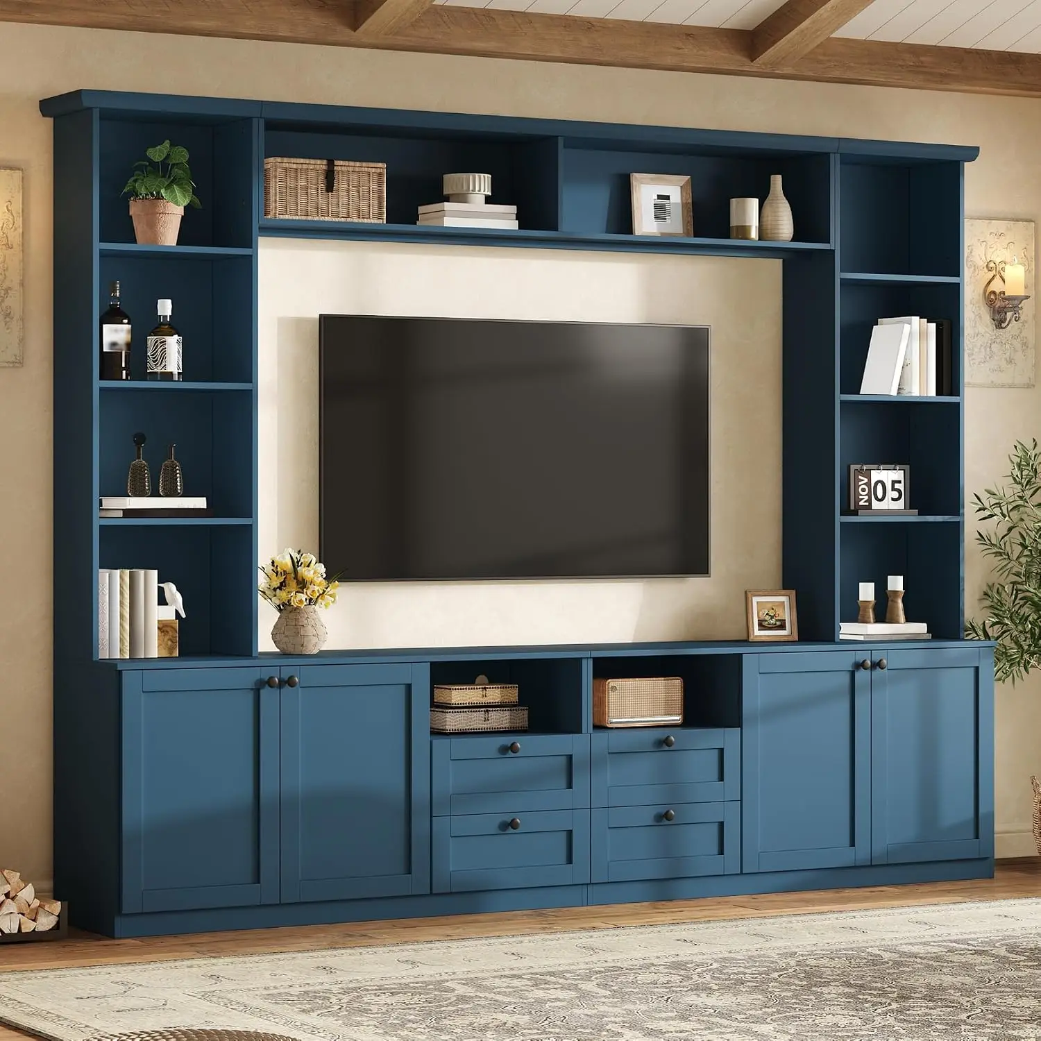 Farmhouse Blue Entertainment Center 70 Inch TV, Wall Unit With Adjustable Shelves & Bridge, Media Console, Customized