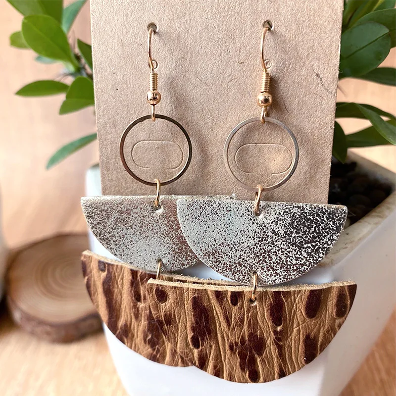 Hot Half Moon Half Round Splice Earrings Retro National Western Denim Earrings Bohemian Metal Leather Earrings