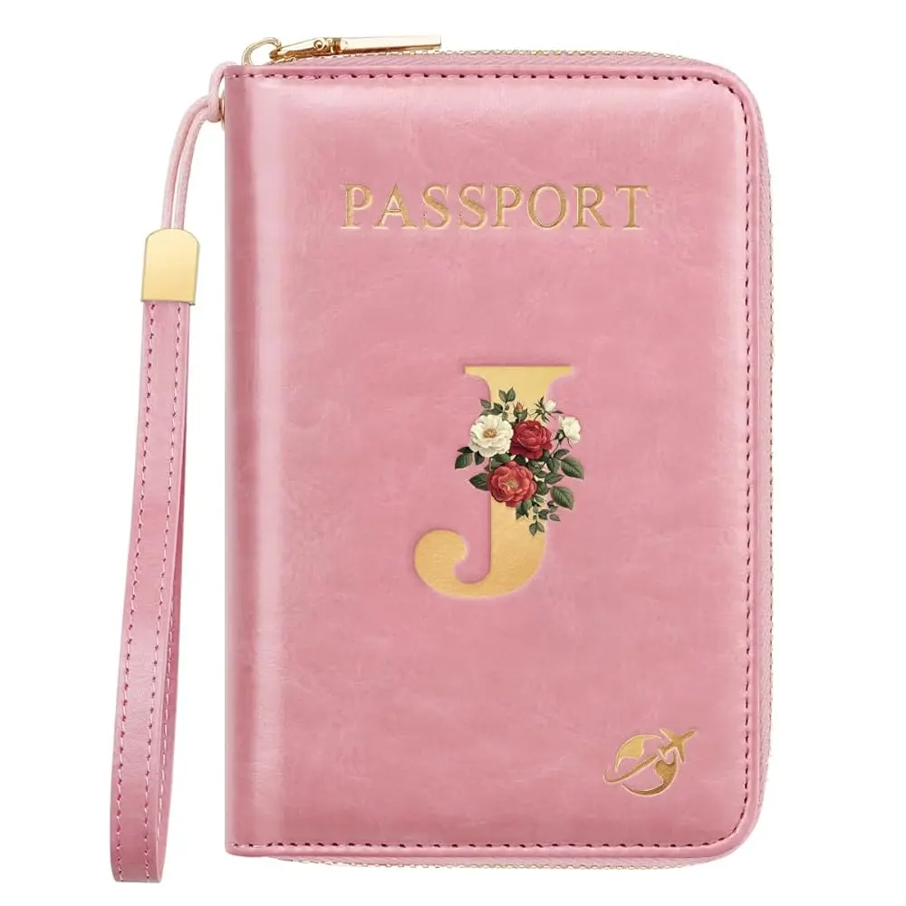 

Passport Holder for Travel Personalized Passport Holder Initial Letter Rose Flower RFID Blocking Travel Wallets Credit Cards
