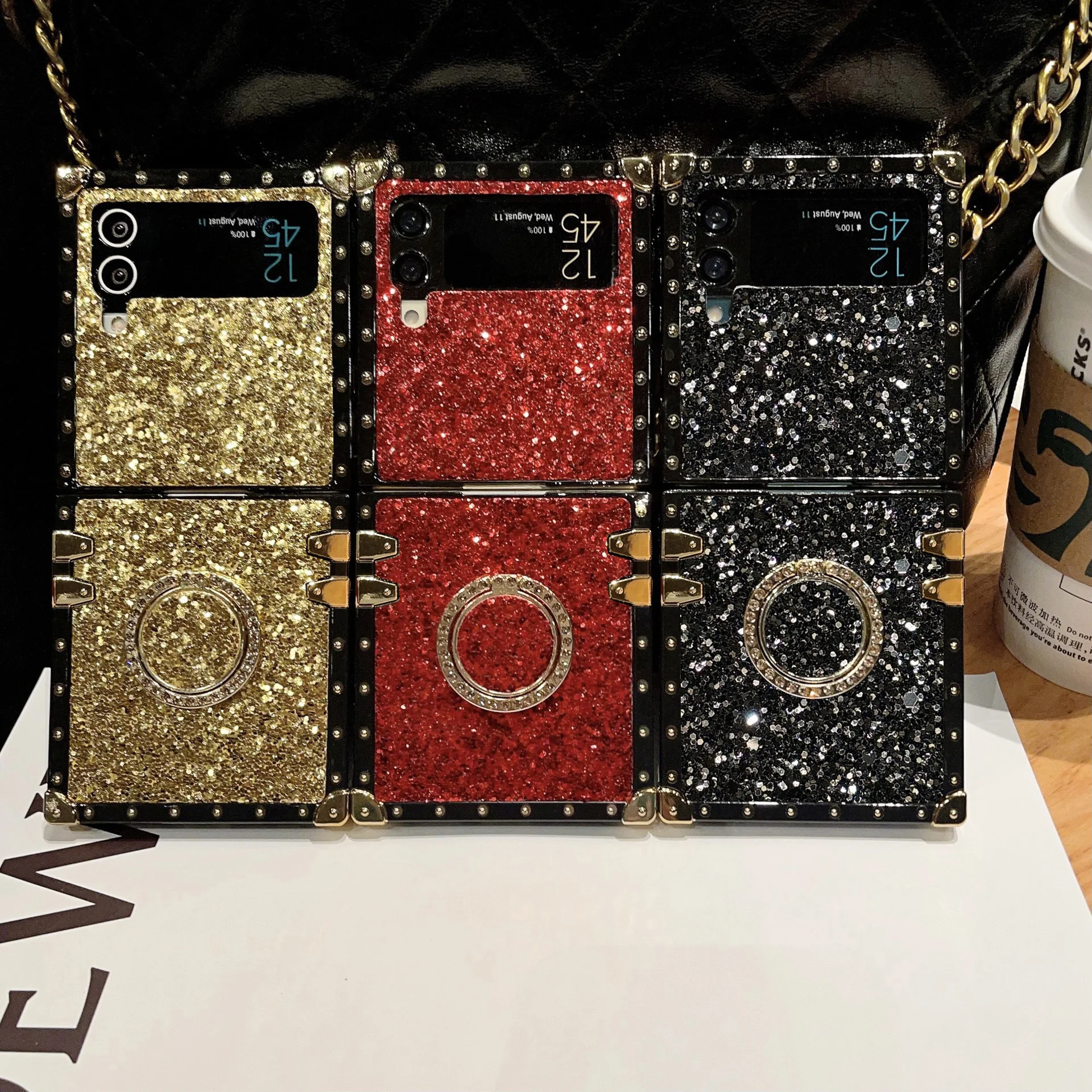 Luxuriöse künstliche Glitzer-Strass-Leder-Handyhülle für Samsung Galaxy Z Flip 8 7 6 5 4 3 Flip7 FE mit glänzendem Halter. – Detail 10
