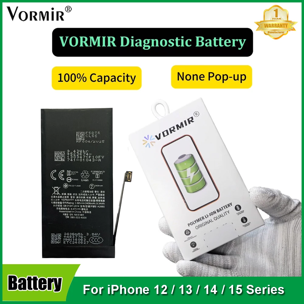 

Диагностический аккумулятор Vormir, 100% емкость для iPhone 12, 13 mini 14 14 Plus 15 Pro Max Shows, оригинальные детали, без ошибок, выдвижное сообщение