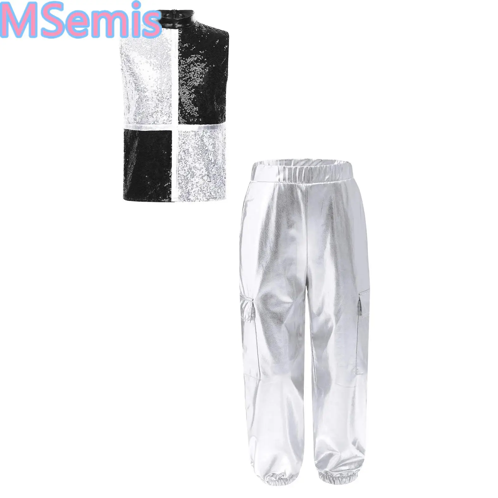 

Kids Boys Shiny Metallic Street Modern Dance Costumes Dancing Hip Hop Jazz Outfit Sleeveless Sequins Zipper Vest And Cargo Pants