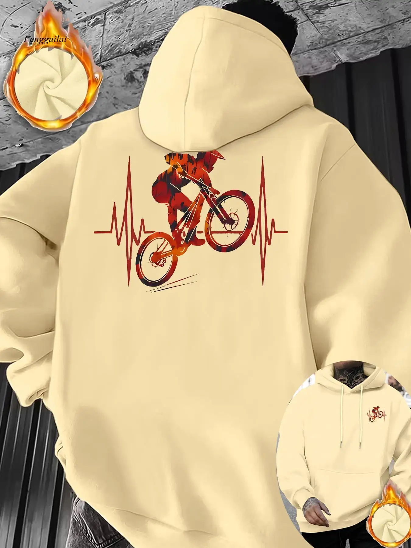 

Утолщенная толстовка с капюшоном, сердцебиением и велосипедным графическим принтом — тяжелый зимний пуловер
