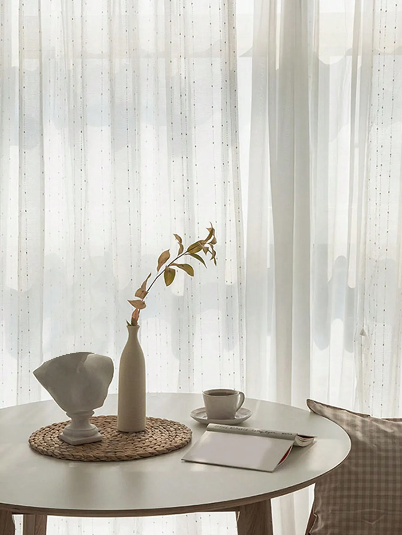 Nordic simple white vertical striped embroidered curtain for living room