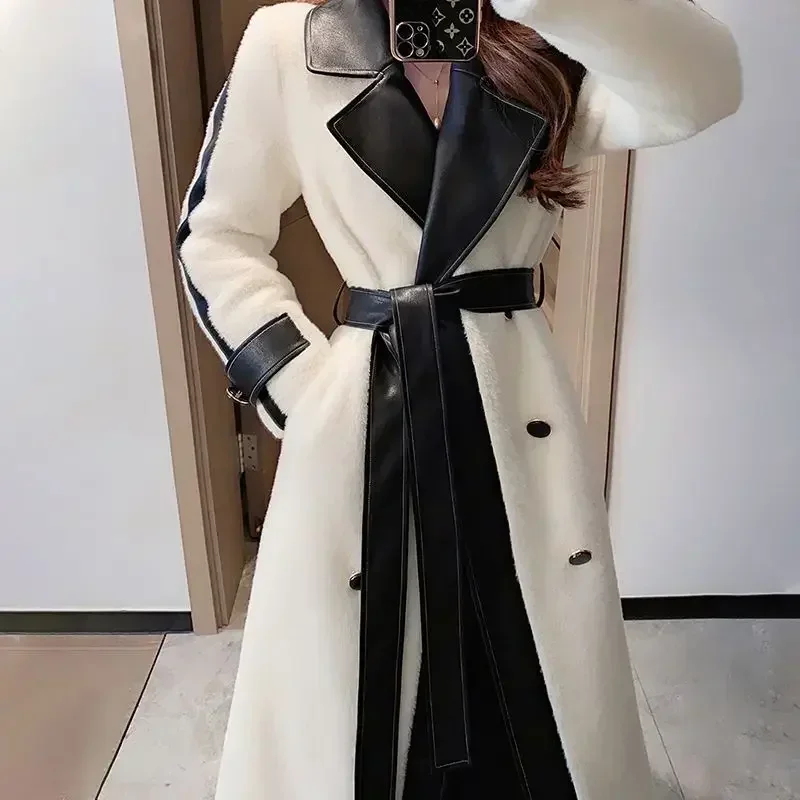 معاطف وسترات معطف صوفي نسائي موضة جديدة جو فردي مزاجه اللون الربط معطف طويل قطيفة امرأة