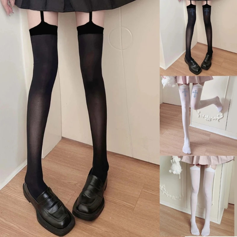 Womens Gothic Punk Crosses Print Thigh High Stockings with Garter Belt Strappy Bandages Thin Pantyhose Suspender Tights