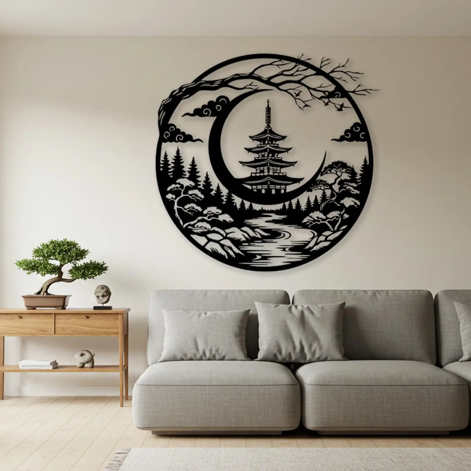 Flat Japanese Pagoda Metal Wall Art, Laser‑Cut Iron Silhouette, Powder‑Coated Rust‑Resistant Zen Landscape Wall Decor