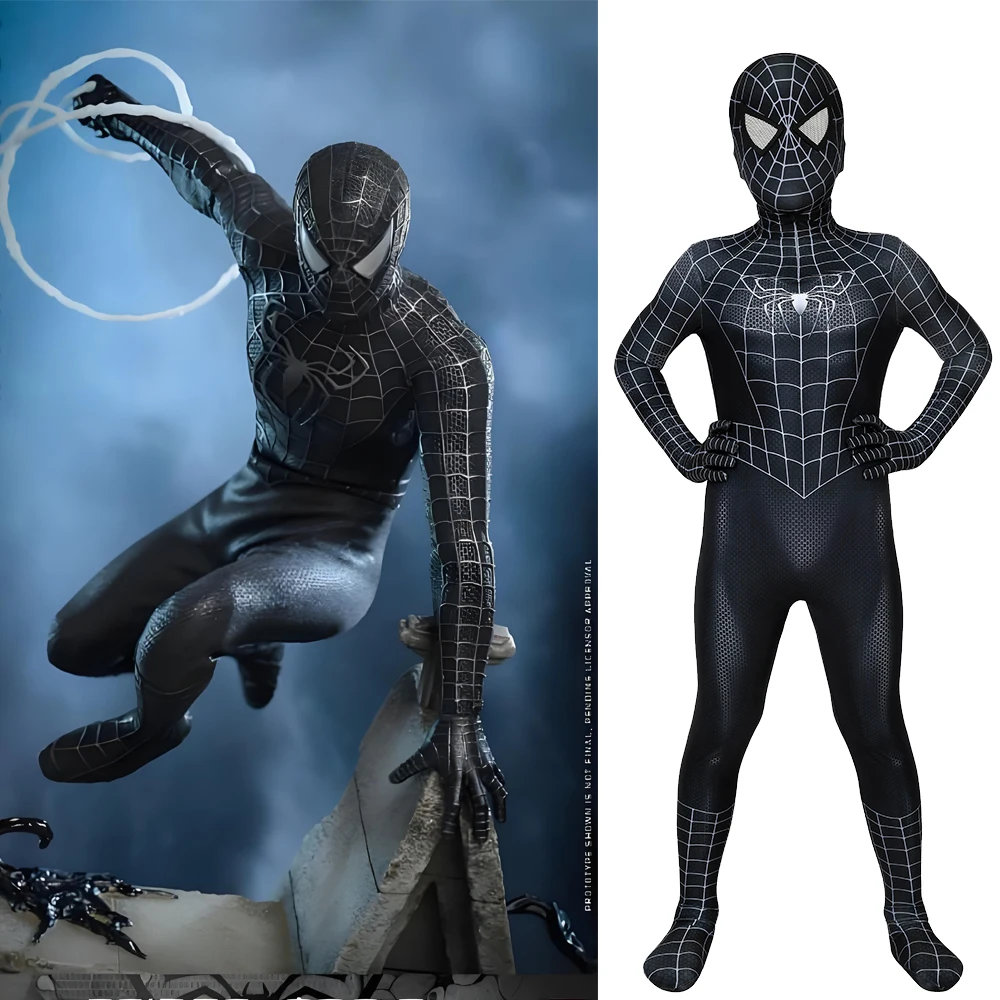

Kids Black Symbiote Spiderman Cosplay Boys Black Raimi Superhero Costume 3D Printed Spandex Zentai Bodysuit Halloween Costume