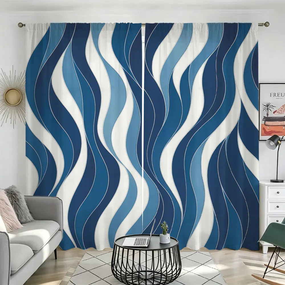 2pcs modern style contrasting wave pocket pole blackout curtains living room bedroom home privacy decoration