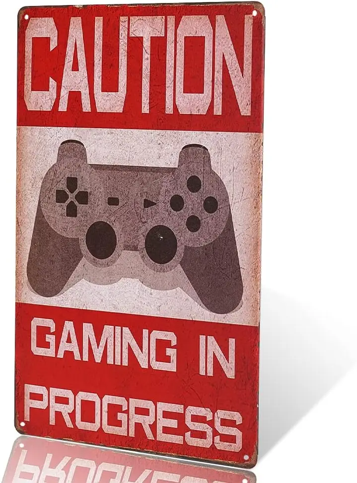 DINGLEIEVER-SHABBY CHIC FUNNY CAUTION GAMING IN PROGRESS Metal tin logo poster wall plaque