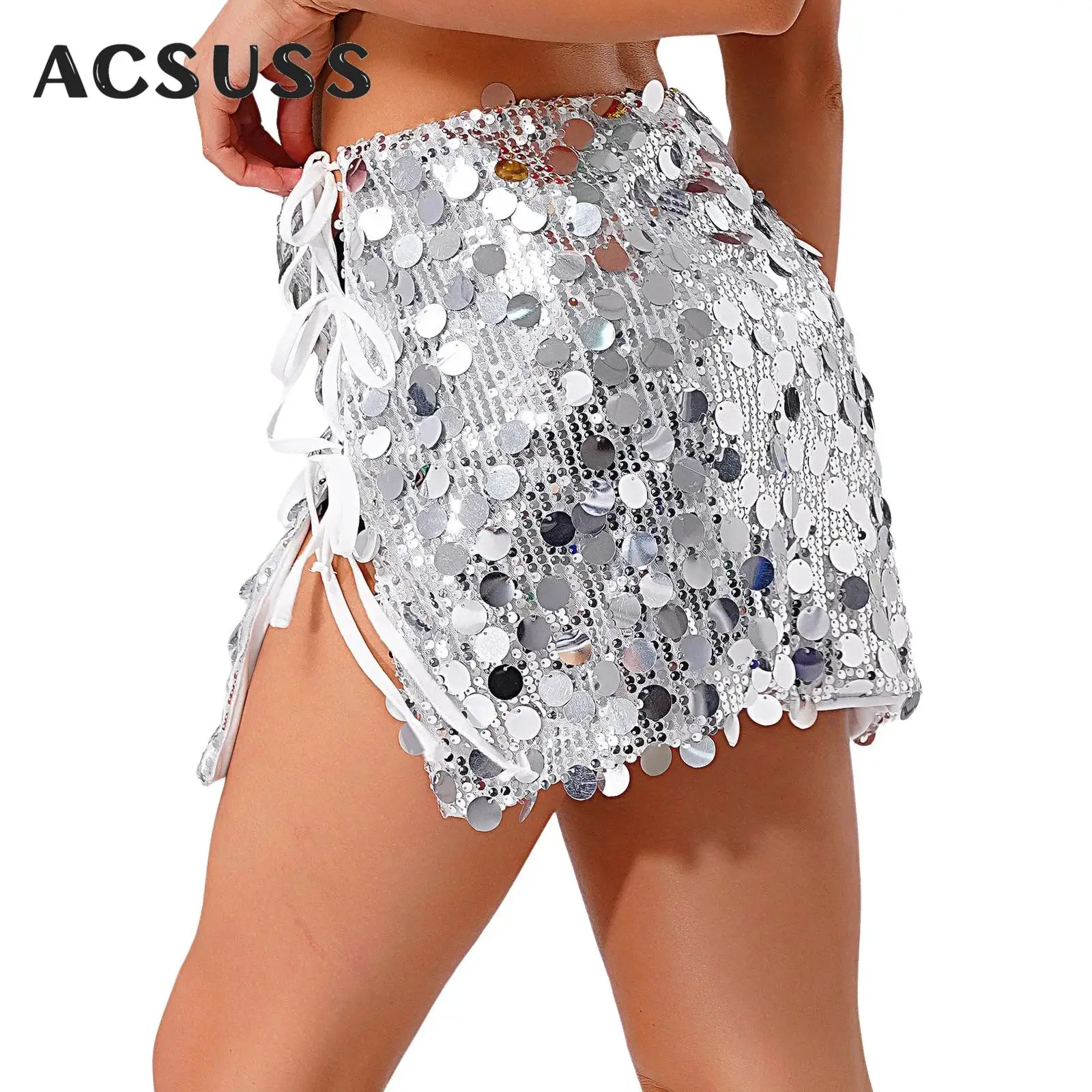 

Women Shiny Sequin Mini Skirts Clubwear Fully Lined Side Split Lace Up A-line Skirt Bodycon Miniskirt Rave Party Ladies Clothing