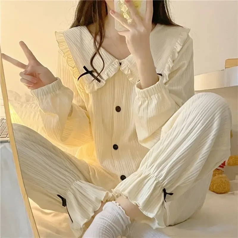 Pink Pajama Sets Women Sweet Lace Schoolgirls Turn-down Sleepwear Korean Style Autumn Simple Comfortable Home Youth Nightwear