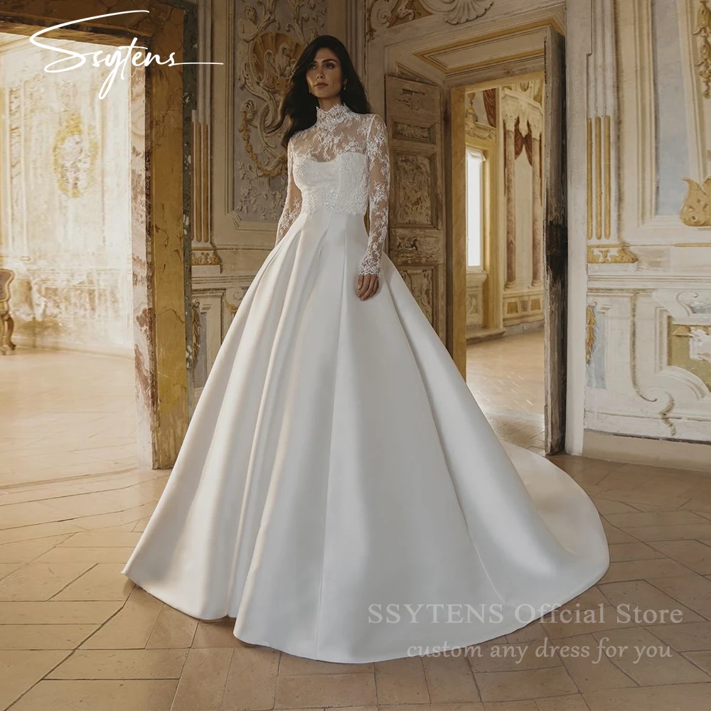 SSYTENS فساتين زفاف فاخرة من الدانتيل للمرأة برقبة عالية من الساتان زي العرائس بأكمام طويلة فستان عروس Vestidos De Novia مخصص